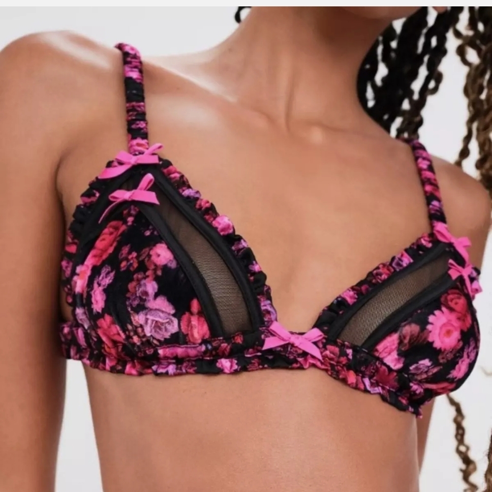 For Love And Lemons LOLA Pj  Black Pink Floral_SM Lola Bralette & XXS Short Set